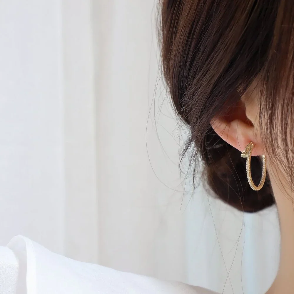 NEW 14K Gold Plated Round Diamond Nail Hoop Earrings - Picture 5 of 11
